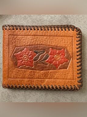 70’s Vintage Style Hand Tooled Genuine Leather Wallet with Embossed Floral